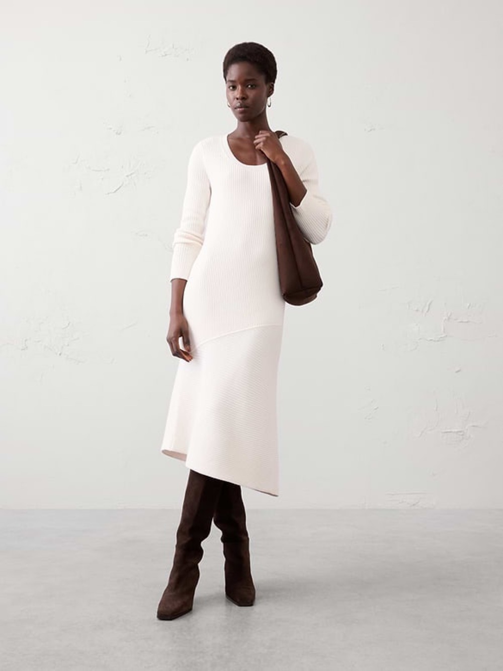 Banana Republic Ribbed Knit Asymmetrical Midi Dress White Long Sleeve Size M